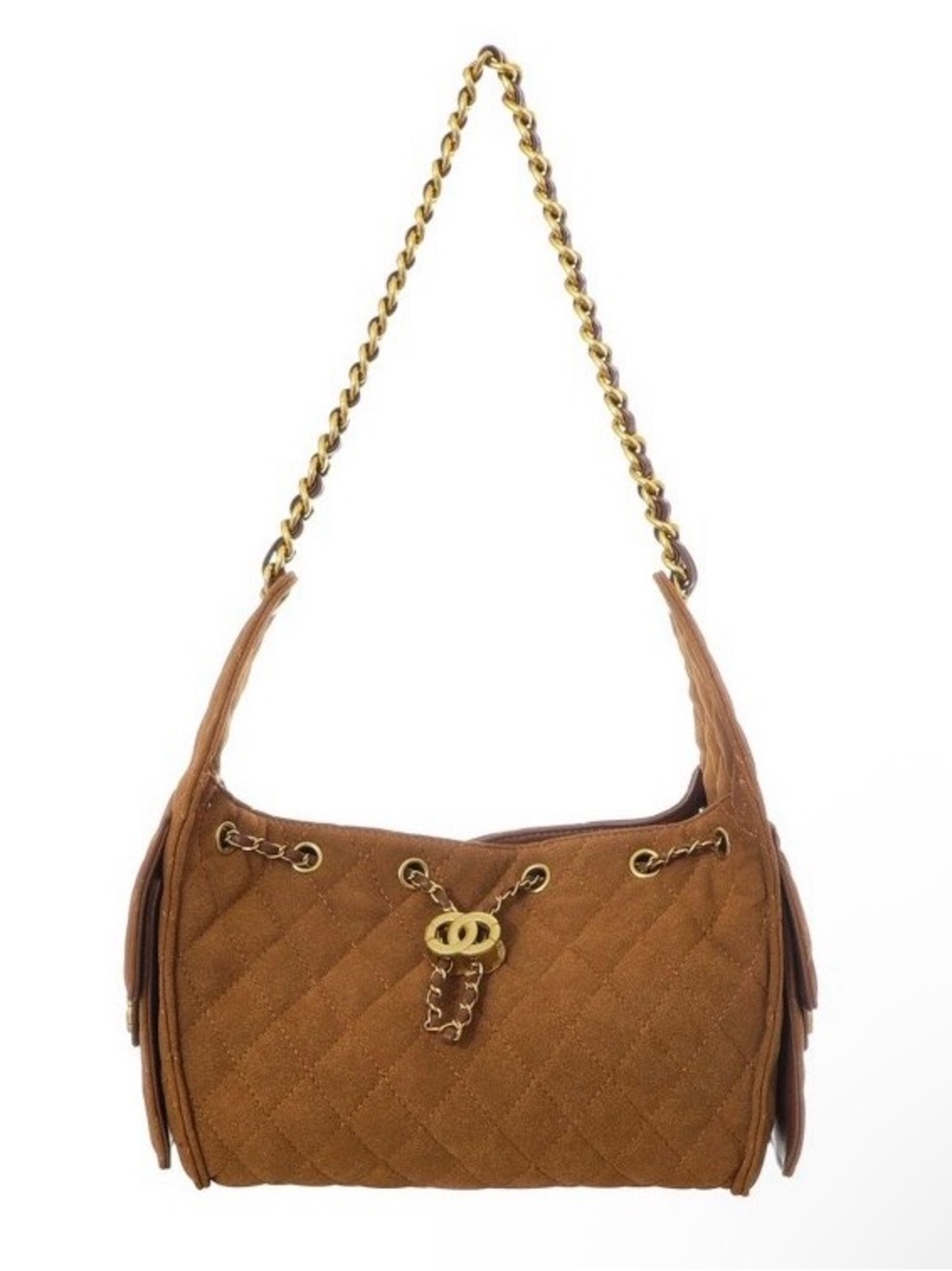 Adornia Brown Quilted Bag With Chain Strap and Side Pockets